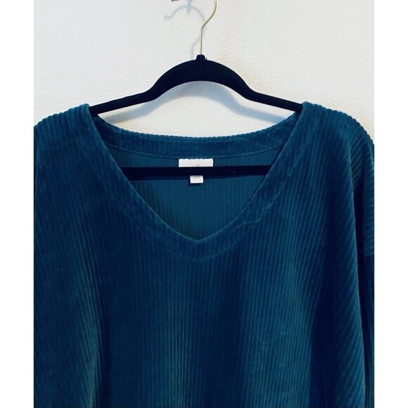 J Jill Top Womens Large Teal Blue Ribbed Velour V Neck Boxy Comfy Loungewear - Picture 2 of 7